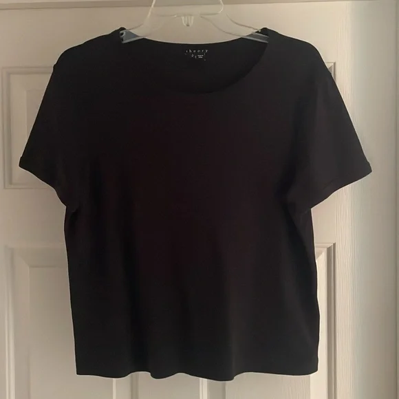 Theory Black Cropped Crewneck T-Shirt – Women’s Size L – 100% Pima Cotton - Picture 1 of 8
